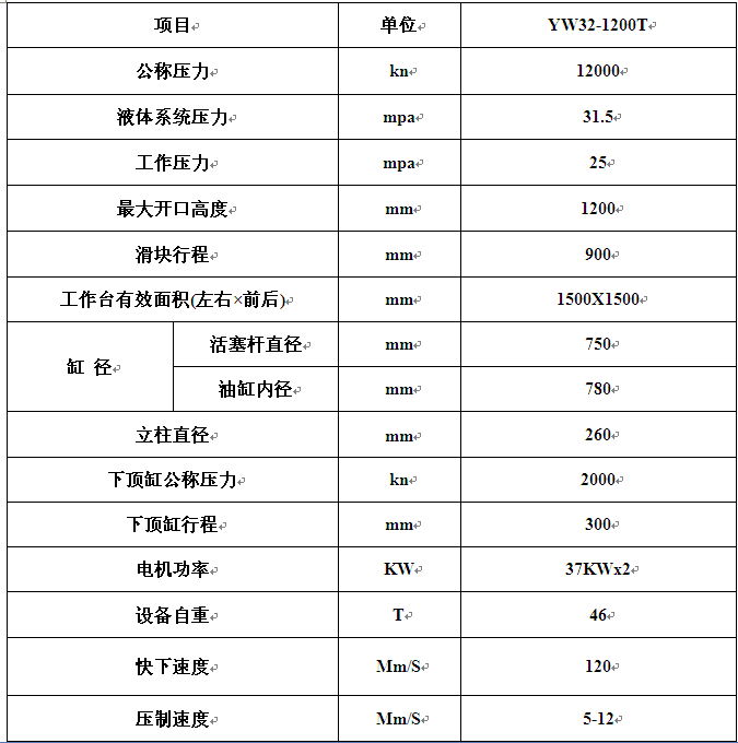 1200t耐火砖成型油压机技术参数