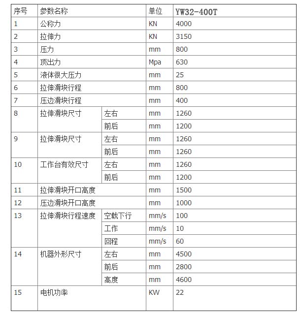 400吨四柱液压机技术参数